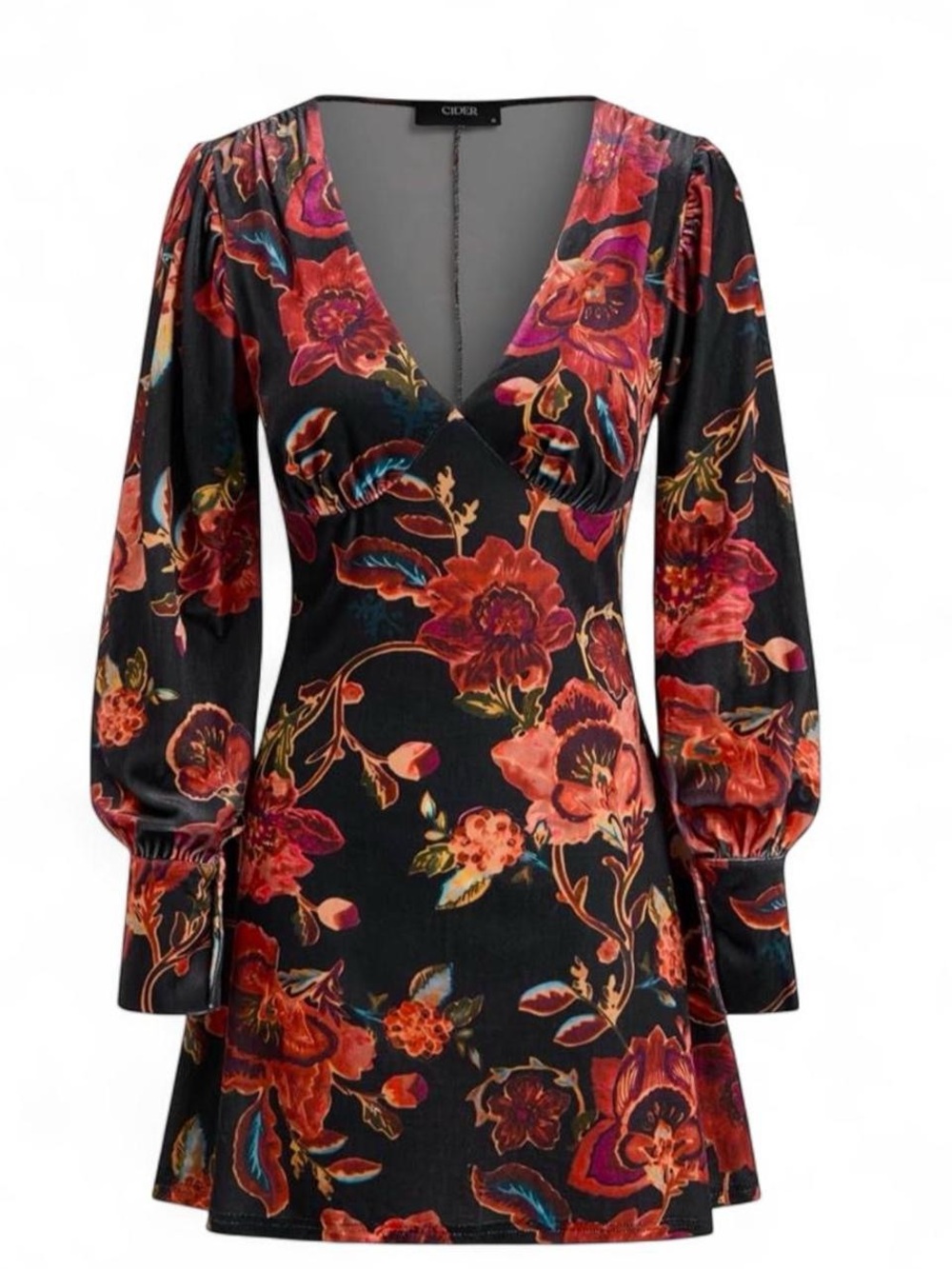 Cider Black Velvet Mini Dress with Dark Botanical Floral Print XL NWT